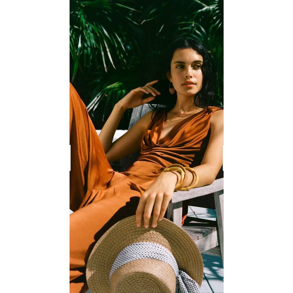 Maeve Anthropologie Enchantment Cooper Rust Orange Cowneck Jumpsuit, size XS - Picture 4 of 16